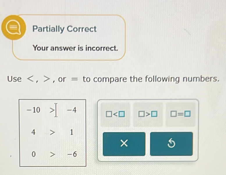 Partially Correct 
Your answer is incorrect. 
Use , , or = to compare the following numbers.
- 10 -4 □ □ >□ □ =□
4 1
0 frac  101 -6