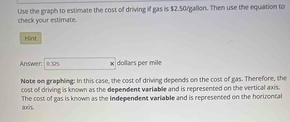 Use the graph to estimate the cost of driving if gas is $2.50/gallon. Then use the equation to 
check your estimate. 
Hint 
Answer: 0.325 × dollars per mile
Note on graphing: In this case, the cost of driving depends on the cost of gas. Therefore, the 
cost of driving is known as the dependent variable and is represented on the vertical axis. 
The cost of gas is known as the independent variable and is represented on the horizontal 
axis.