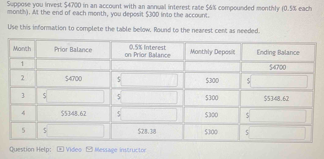 Suppose you invest $4700 in an account with an annual interest rate $6% compounded monthly (0.5% each 
month). At the end of each month, you deposit $300 into the account. 
Use this information to complete the table below. Round to the nearest cent as needed. 
Question Help: Video Message instructor