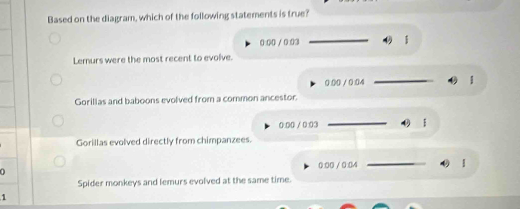 Based on the diagram, which of the following statements is true?
0:00 / 0:03 _
Lemurs were the most recent to evolve.
0:00 / 0:04 _
Gorillas and baboons evolved from a common ancestor
0:00 / 0:03 _1
Gorillas evolved directly from chimpanzees.
_
0 0:00 / 0:04 D 1
Spider monkeys and lemurs evolved at the same time.
1