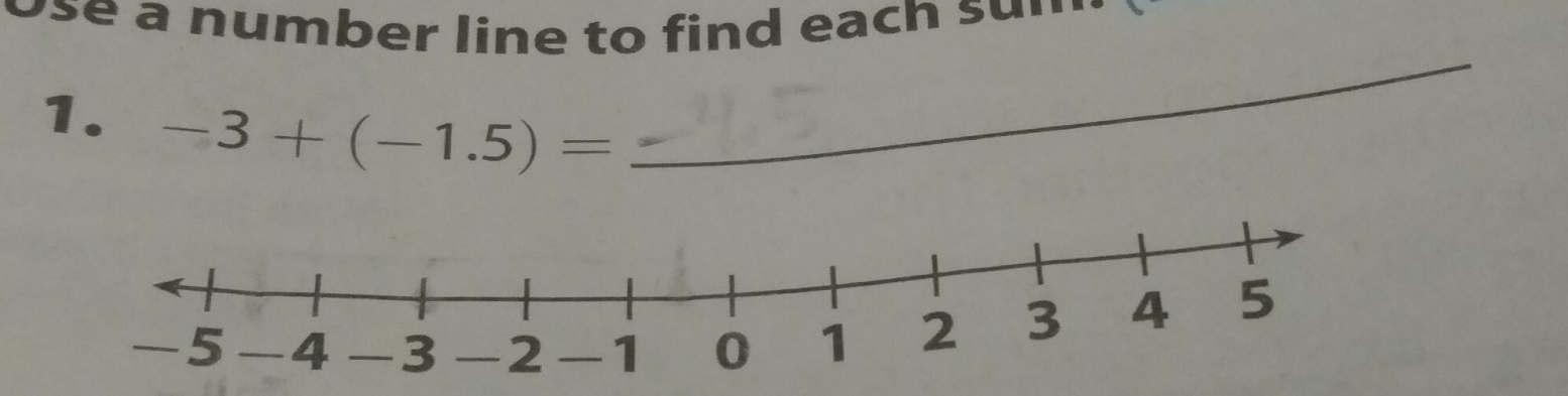 use a number line to find each su.'' 
1. -3+(-1.5)=
_