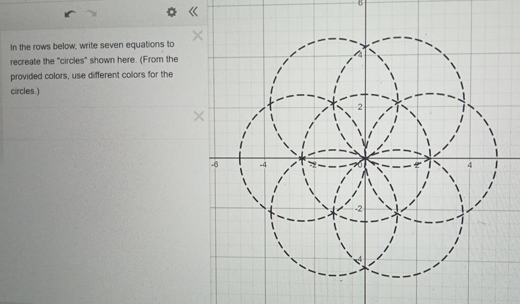 In the rows below, write seven equations to 
recreate the "circles" shown here. (From the 
provided colors, use different colors for the 
circles.)
2
-6 -4 2 4
-2