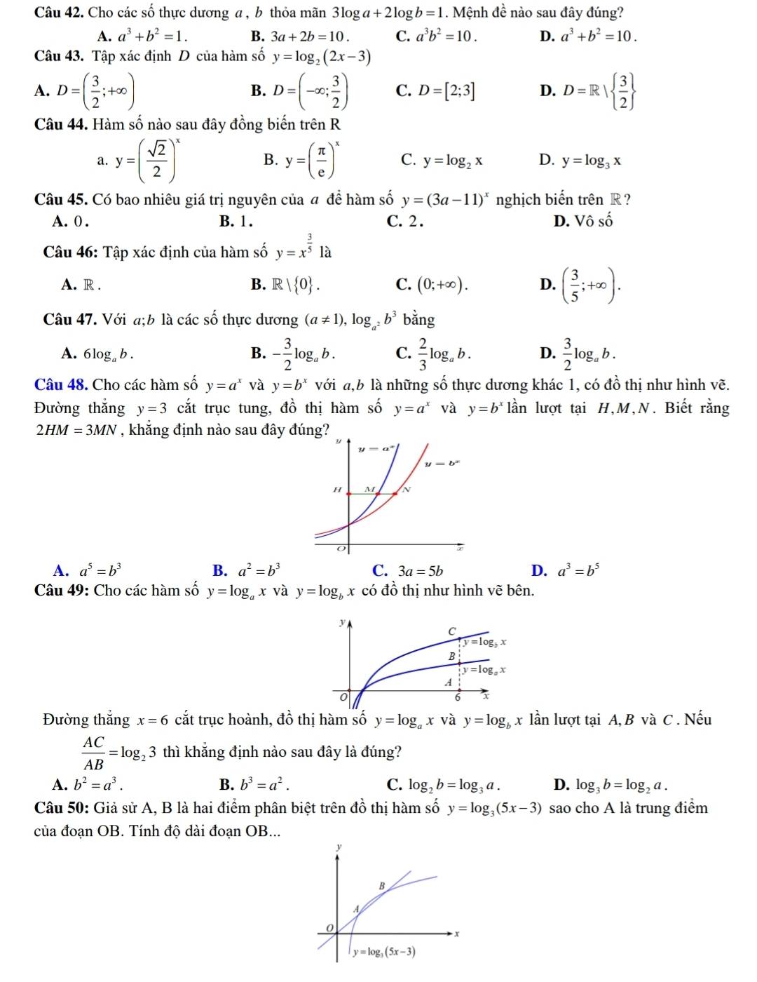 Cho các số thực dương a , b thỏa mãn 3log a+2log b=1. Mệnh đề nào sau đây đúng?
A. a^3+b^2=1. B. 3a+2b=10. C. a^3b^2=10. D. a^3+b^2=10.
Câu 43. Tập xác định D của hàm số y=log _2(2x-3)
A. D=( 3/2 ;+∈fty ) D=(-∈fty ; 3/2 ) C. D=[2;3] D. D=R|  3/2 
B.
Câu 44. Hàm số nào sau đây đồng biến trên R
B.
a. y=( sqrt(2)/2 )^x y=( π /e )^x C. y=log _2x D. y=log _3x
Câu 45. Có bao nhiêu giá trị nguyên của # để hàm số y=(3a-11)^x nghịch biến trê nR ?
A. 0 . B. 1. C. 2. D. Vhat oshat o
Câu 46: Tập xác định của hàm số y=x^(frac 3)51a
A. R . B. R | 0 . C. (0;+∈fty ). D. ( 3/5 ;+∈fty ).
Câu 47. Với a;b là các số thực dương (a!= 1),log _a^2b^3 bằng
B. - 3/2 log _ab. C.  2/3 log _ab.
A. 6log,b . D.  3/2 log _ab.
Câu 48. Cho các hàm số y=a^x và y=b^x với a,b là những số thực dương khác 1, có đồ thị như hình vẽ.
Đường thắng y=3 cắt trục tung, đồ thị hàm số y=a^x và y=b^x lần lượt tại H,M,N. Biết rằng
2HM=3MN , khắng định nào sau đây đúng?
A. a^5=b^3 B. a^2=b^3 C. 3a=5b D. a^3=b^5
Câu 49: Cho các hàm số y=log _ax và y=log _bx có đồ thị như hình vẽ bên.
Đường thắng x=6 cắt trục hoành, đồ thị hàm số y=log _ax và y=log _b lần lượt tại A, B và C . Nếu
 AC/AB =log _23 thì khẳng định nào sau đây là đúng?
A. b^2=a^3. B. b^3=a^2. C. log _2b=log _3a. D. log _3b=log _2a.
Câu 50: Giả sử A, B là hai điểm phân biệt trên dhat o thị hàm số y=log _3(5x-3) sao cho A là trung điểm
của đoạn OB. Tính độ dài đoạn OB...