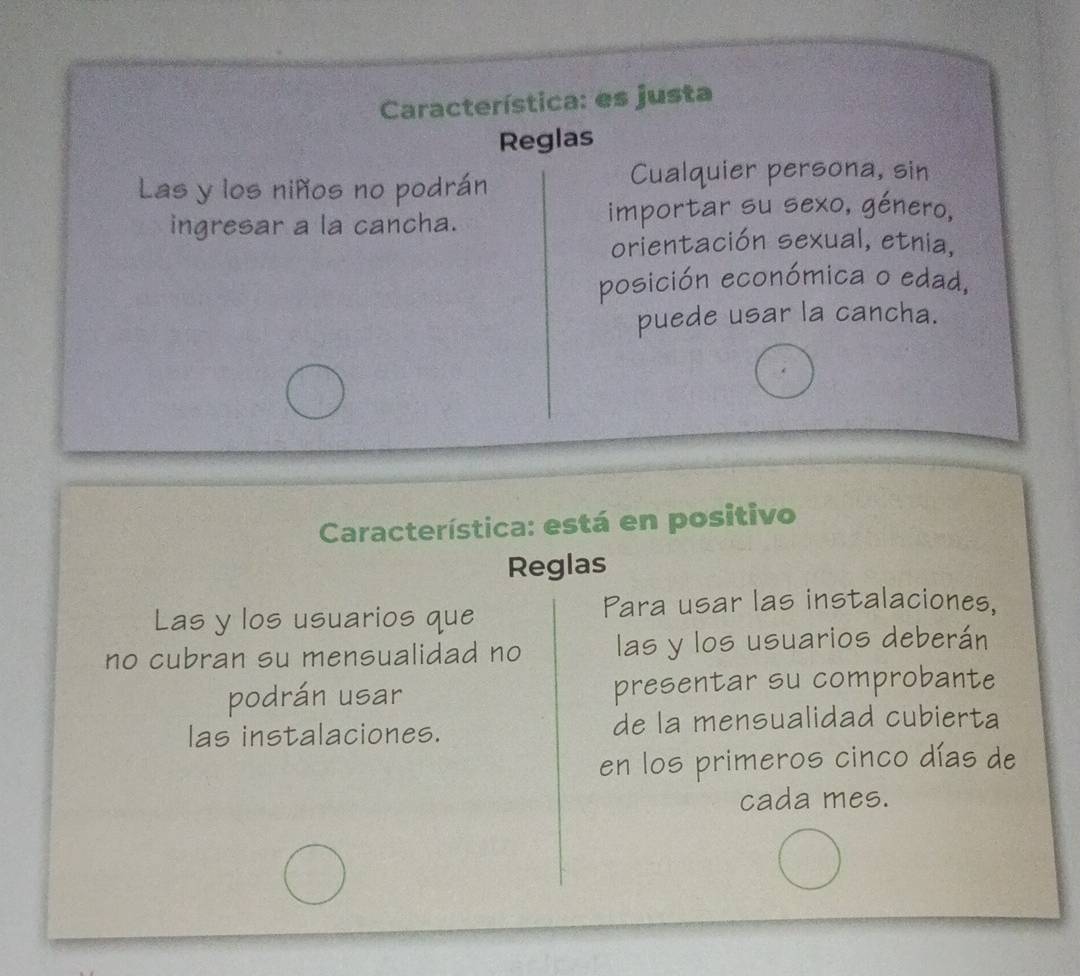 Característica: es justa 
Reglas 
Las y los niños no podrán Cualquier persona, sin 
ingresar a la cancha. importar su sexo, género, 
orientación sexual, etnia, 
posición económica o edad, 
puede usar la cancha. 
Característica: está en positivo 
Reglas 
Las y los usuarios que 
Para usar las instalaciones, 
no cubran su mensualidad no las y los usuarios deberán 
podrán usar presentar su comprobante 
las instalaciones. de la mensualidad cubierta 
en los primeros cinco días de 
cada mes.