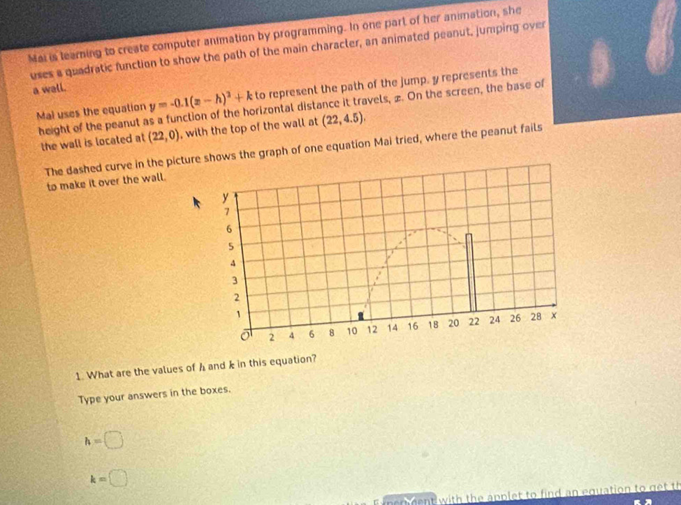 Mai is learning to create computer animation by programming. In one part of her animation, she 
uses a quadratic function to show the path of the main character, an animated peanut, jumping over 
a wall. 
Mal uses the equation y=-0.1(x-h)^2+k to represent the path of the jump, y represents the 
height of the peanut as a function of the horizontal distance it travels, £. On the screen, the base of 
the wall is located at (22,0) , with the top of the wall at (22,4.5). 
The dashed curve in the pictur shows the graph of one equation Mai tried, where the peanut fails 
to make it over the wall. 
1. What are the values of h and k in this equation? 
Type your answers in the boxes.
h=□
k=□
ner ent with the applet to find an equation to get th