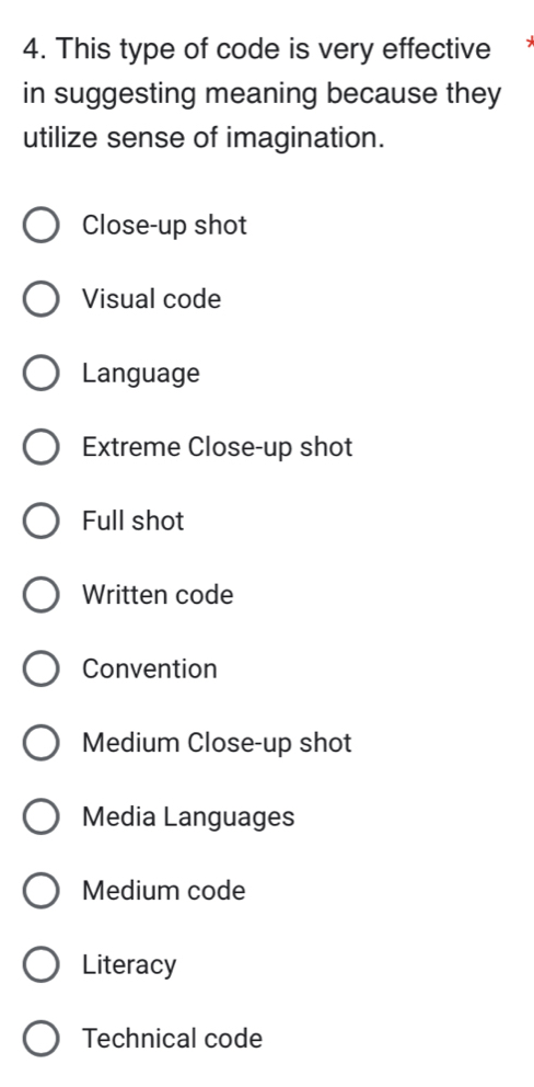 This type of code is very effective
in suggesting meaning because they
utilize sense of imagination.
Close-up shot
Visual code
Language
Extreme Close-up shot
Full shot
Written code
Convention
Medium Close-up shot
Media Languages
Medium code
Literacy
Technical code