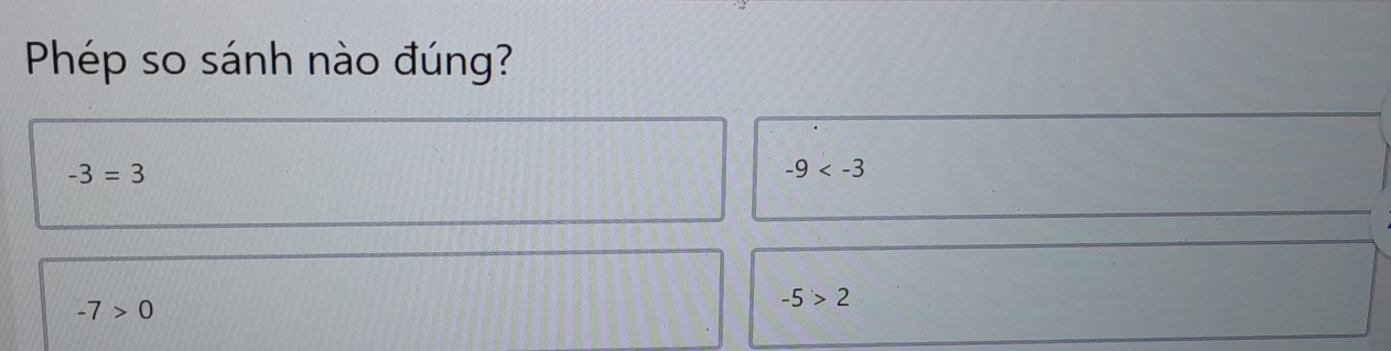 Phép so sánh nào đúng?
-3=3
-9
-7>0
-5>2