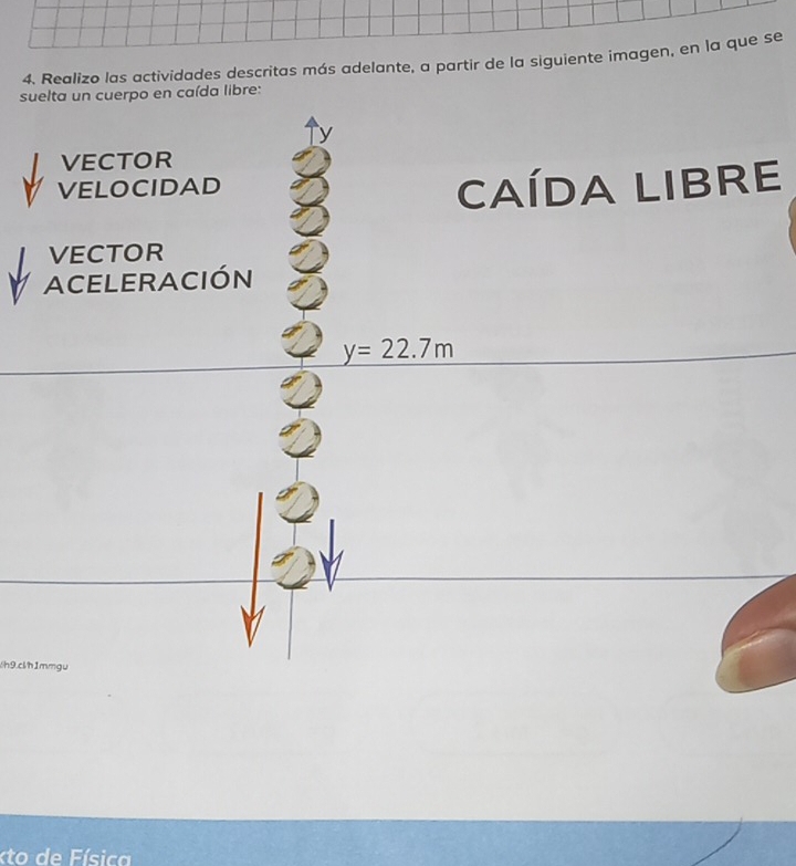 Realizo las actividades descritas más adelante, a partir de la siguiente imagen, en la que se 
suelta un cuerpo en caída libre:
y
VECTOR 
VELOCIDAD CAÍDA LIBRE 
VECTOR 
ACELERACIÓN
y=22.7m
ch9.clh1mmgu 
to de F ísica