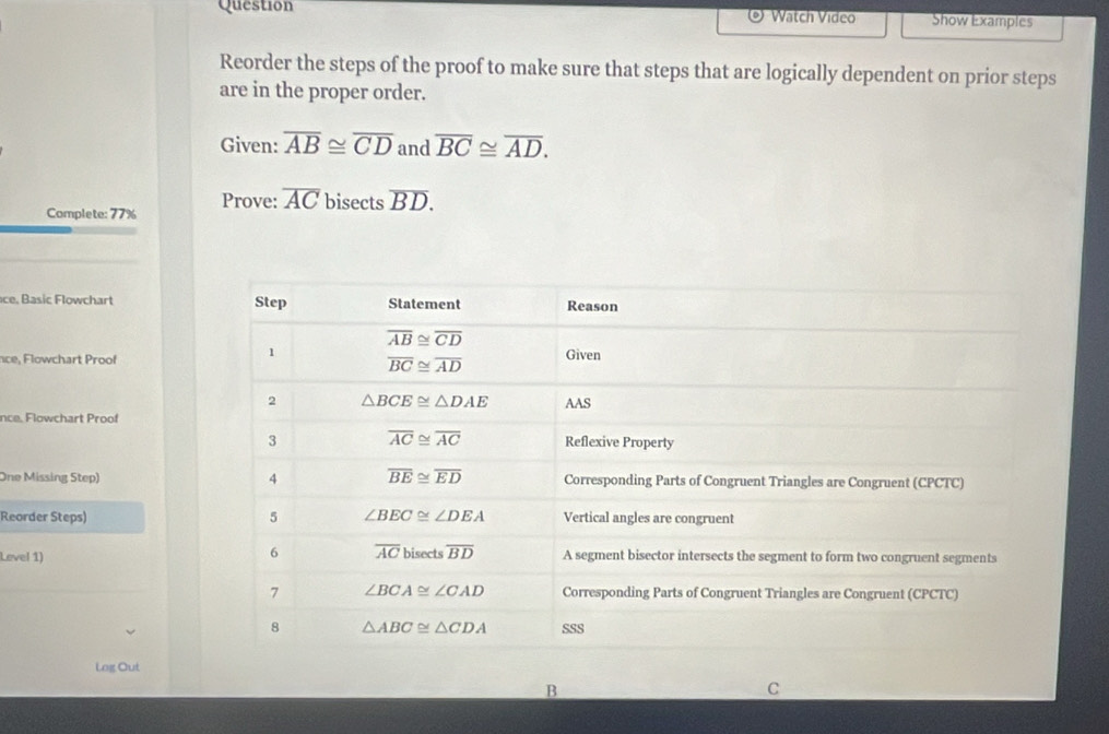 Watch Vídeo Show Examples
Reorder the steps of the proof to make sure that steps that are logically dependent on prior steps
are in the proper order.
Given: overline AB≌ overline CD and overline BC≌ overline AD.
Complete: 77% Prove: overline AC bisects overline BD.
ce, Basic Flowchart 
nce, Flowchart Proof
nce. Flowchart Proof
One Missing Step) 
Reorder Steps) 
Level 1)
Log Out
B
C