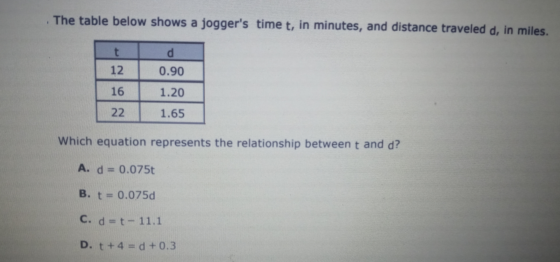 The table below shows a jogger's  time t, in minutes, and distance traveled d, in miles.
Which equation represents the relationship between t and d?
A. d=0.075t
B. t=0.075d
c. d=t-11.1
D. t+4=d+0.3