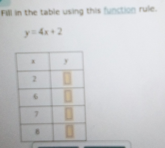 Fill in the table using this function rule.
y=4x+2