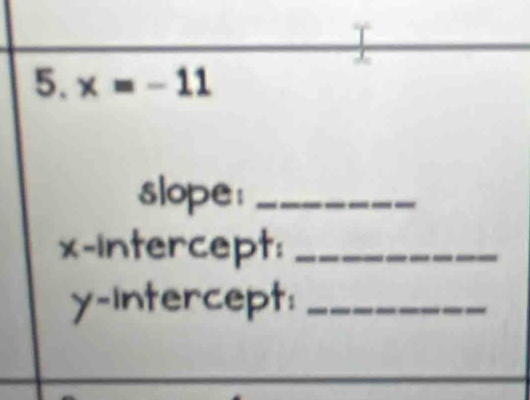 x=-11
slope:_ 
x-intercept:_ 
y-intercept:_