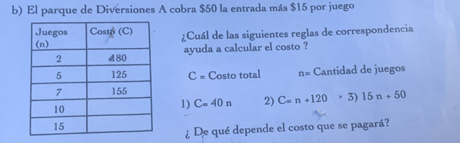 El parque de Diversiones A cobra $50 la entrada más $15 por juego 
¿Cuál de las siguientes reglas de correspondencia 
ayuda a calcular el costo ?
C= Costo total n= Cantidad de juegos 
1) C=40n 2) C=n+120vee 3)15n+50
¿ De qué depende el costo que se pagará?