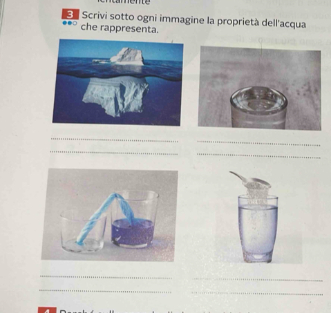 Scrivi sotto ogni immagine la proprietà dell'acqua 
che rappresenta. 
_ 
_ 
_ 
_ 
_ 
_ 
_ 
_