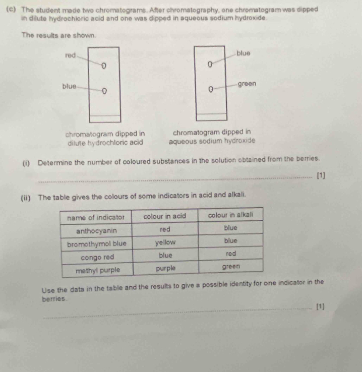 The student made two chromatograms. After chromatography, one chromatogram was dipped 
in dilute hydrochioric acid and one was dipped in aqueous sodium hydroxide. 
The results are shown. 


chromatogram dipped in chromatogram dipped in 
dilute hydrochloric acid aqueous sodium hydroxide 
(i) Determine the number of coloured substances in the solution obtained from the berries. 
_[1] 
(ii) The table gives the colours of some indicators in acid and alkali. 
Use the data in the table and the results to give a possible identity for one indicator in the 
berries. 
_[1]