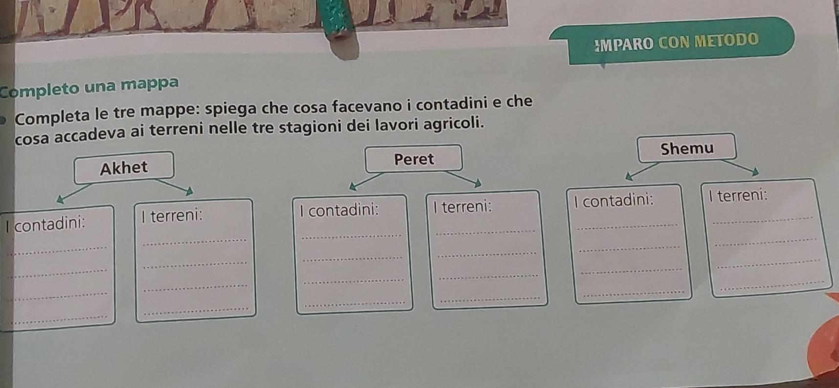 !MPARO CON METODO 
Completo una mappa 
Completa le tre mappe: spiega che cosa facevano i contadini e che 
cosa accadeva ai terreni nelle tre stagioni dei lavori agricoli. 
Shemu 
Akhet Peret 
I terreni: 
I terreni: 
_ 
_ 
_ 
I contadini: I terreni: I contadini: _I contadini: 
_ 
_ 
_ 
_ 
_ 
_ 
_ 
_ 
_ 
_ 
_ 
_ 
_ 
_ 
_ 
_ 
_ 
_