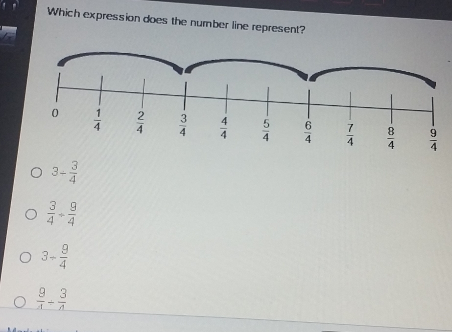 Which expression does the number line represent?
3/  3/4 
 3/4 /  9/4 
3/  9/4 
 9/4 /  3/4 