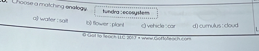 Choose a matching analogy. tundra : ecosystem
a) water : salt b) flower : plant c) vehicle : car d) cumulus : cloud L
Got to Teach LLC 2017 • www.GotToTeach.com