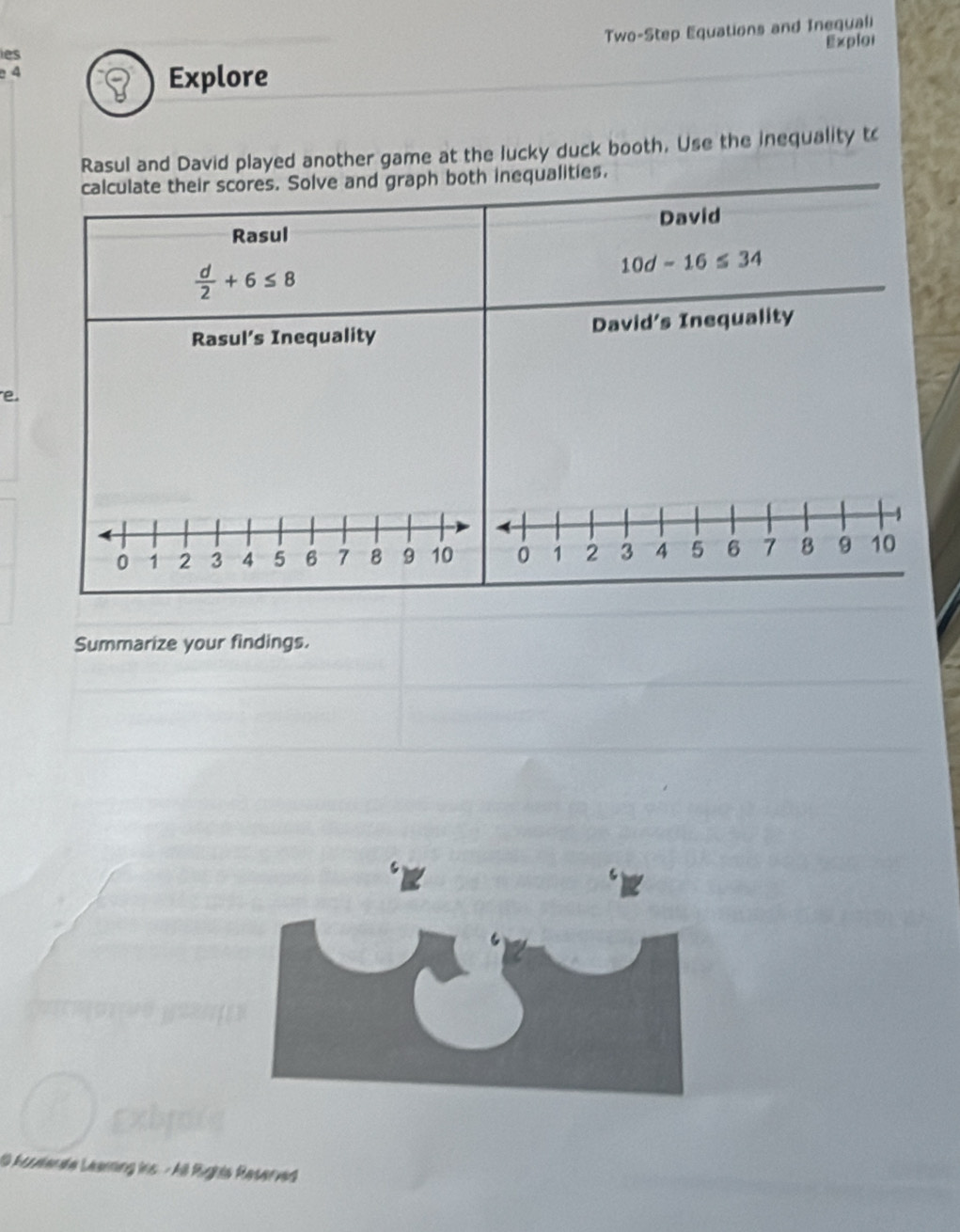 Exploi
4 Two-Step Equations and Inequali
les
Explore
Rasul and David played another game at the lucky duck booth. Use the inequality to
inequalities.
e.
Summarize your findings.
9 Auuenda Leaming ins - Al Righta Reserved