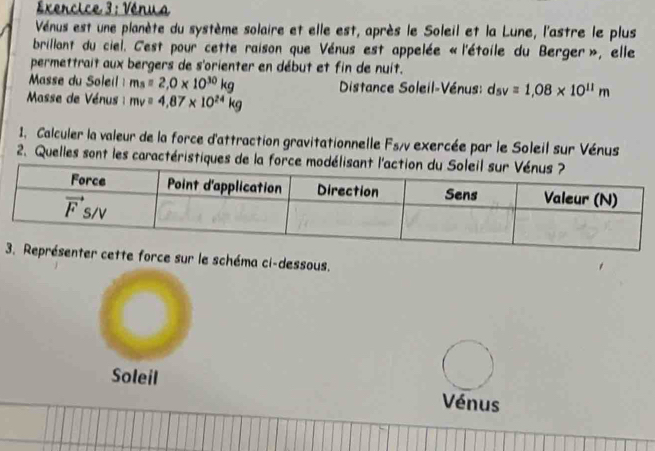 Vénua
Vénus est une planète du système solaire et elle est, après le Soleil et la Lune, l'astre le plus
brillant du ciel. C'est pour cette raison que Vénus est appelée «l'étoile du Berger», elle
permettrait aux bergers de s'orienter en début et fin de nuit.
Masse du Soleil: m_s=2,0* 10^(30)kg Distance Soleil-Vénus: d_sv=1,08* 10^(11)m
Masse de Vénus mv=4,87* 10^(24)kg
1, Calculer la valeur de la force d'attraction gravitationnelle Fs/v exercée par le Soleil sur Vénus
2. Quelles sont les caractéristiques de la forc
tte force sur le schéma ci-dessous.
Soleil Vénus