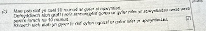 (5) Mas pob claf yn cael 10 munud ar gyfer si apwyntiad. 
Defnyddiwch sich graff i roi'r amcangyfrif gorau ar gyfer nifer yr apwyntiadau oedd wedi 
para'n hirach na 10 munud. 
Rhowch sich ateb yn gywir i'r rhif cyfan agosaf ar gyfer nifer yr apwyntiadau. [2]