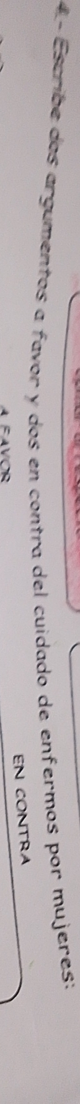 Escribe dos argumentos a favor y dos en contra del cuidado de enfermos por mujeres: 
EN CONTRA 
A FAVOR