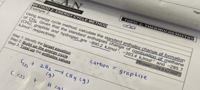 Chemstry aREsome NOTEI 
Example 2: 
Page 
METHOD 2: ENERGY CYCLE METHOL 
TopiC 2 : therMOCHemisTRy
kJmol ¹ respectively. 
sing energy cycle method, calculate the standard enthalpy change of formatio 
f CH Given that the standard enthalpies change of combustion of methan 
Step 1: Identify the target equation 
(CH₄), graphite and hydrogen are -890.2 kJn y. , −393. kJmol^(-1) and -285.7
Step 2: Build up the eneray cycle 
Step 3: Total up the enthalpy values 
(Ahswer: -74.6 kJ moF¹