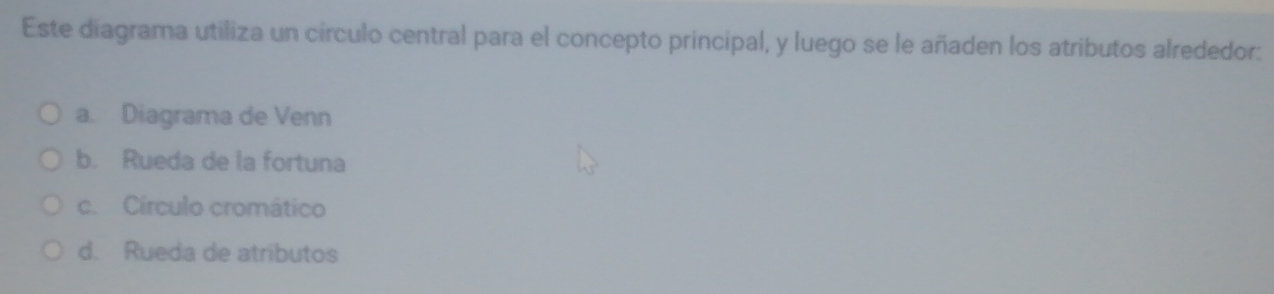 Este diagrama utiliza un círculo central para el concepto principal, y luego se le añaden los atributos alrededor:
a. Diagrama de Venn
b. Rueda de la fortuna
c. Círculo cromático
d. Rueda de atributos