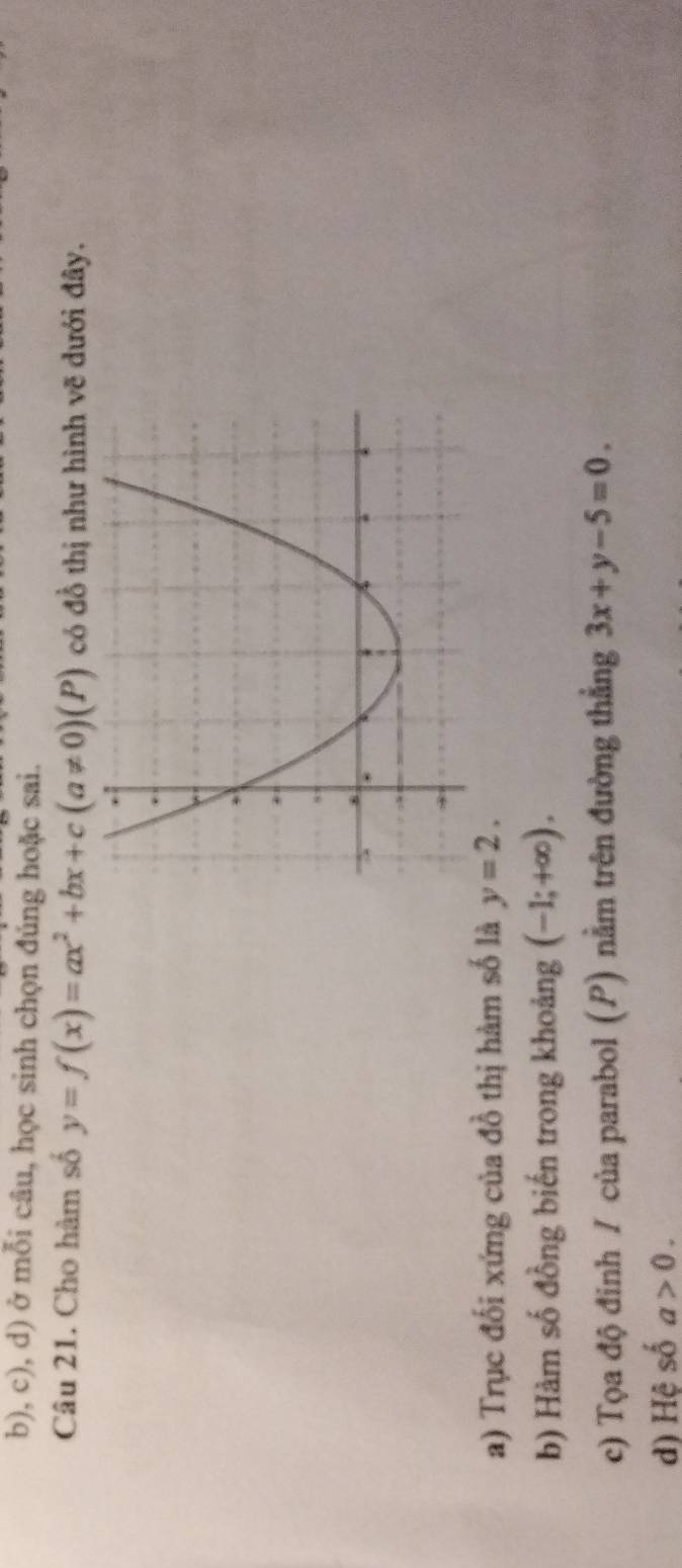 ở mỗi câu, học sinh chọn đúng hoặc sai. 
Câu 21. Cho hàm số y=f(x)=ax^2+bx+c(a!= 0)(P) có đồ thị như hình vẽ dưới đây. 
a) Trục đối xứng của đồ thị hàm số là y=2. 
b) Hàm số đồng biến trong khoảng (-1;+∈fty ). 
c) Tọa độ đinh / của parabol (P) nằm trên đường thẳng 3x+y-5=0. 
d) Hệ số a>0.