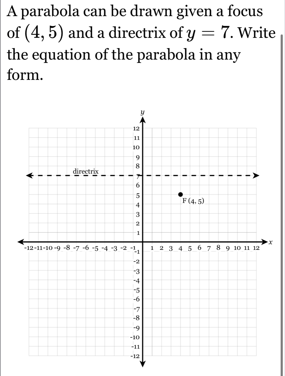 A parabola can be drawn given a focus
of (4,5) and a directrix of y=7. Write
the equation of the parabola in any
form.
x