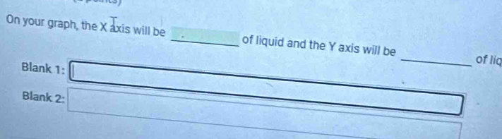 On your graph, the X axis will be _of liquid and the Y axis will be _of liq 
Blank 1: □ 
Blank 2: