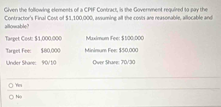 Given the following elements of a CPIF Contract, is the Government required to pay the
Contractor's Final Cost of $1,100,000, assuming all the costs are reasonable, allocable and
allowable?
Target Cost: $1,000,000 Maximum Fee: $100,000
Target Fee: $80,000 Minimum Fee: $50,000
Under Share: 90/10 Over Share: 70/30
Yes
No