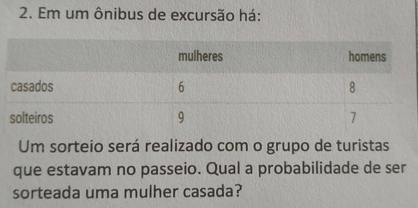 Em um ônibus de excursão há: 
Um sorteio será realizado com o grupo de turistas 
que estavam no passeio. Qual a probabilidade de ser 
sorteada uma mulher casada?