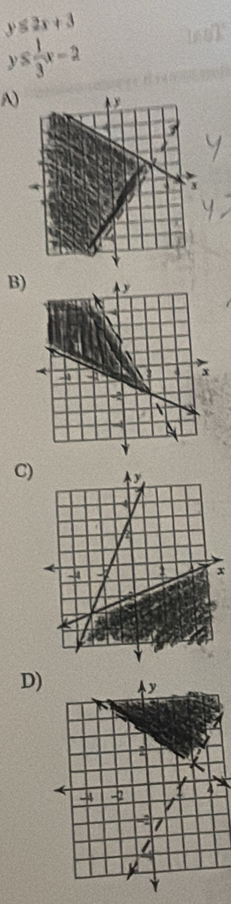 y≤ 2x+3
y≤  1/3 x-2
A)
B)
C)
x
D)