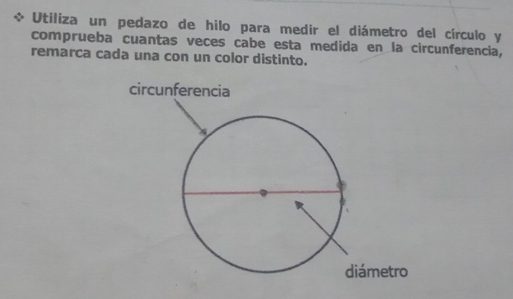 Utiliza un pedazo de hilo para medir el diámetro del círculo y
comprueba cuantas veces cabe esta medida en la circunferencia, 
remarca cada una con un color distinto.