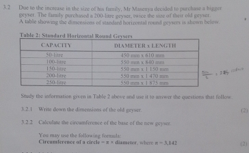 3.2 Due to the increase in the size of his fumily, Mr Masenya decided to purchase a bigger
geyser. The family purchased a 200-litre geyser, twice the size of their old geyser.
A table showing the dimensions of standard horizontal round geysers is shown below.
Table 2: Standard Horizontal Round Geer
Study the information given in Table 2 above and use it to answer the questions that follow.
3.2.1 Write down the dimensions of the old geyser. (2)
3.2.2 Calculase the circumference of the base of the new geyser.
Circumference of a circle You may use the following fornsala diameter, where π =3,142 (2)
=π *