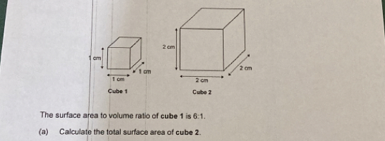 Cube 2
The surface area to volume ratio of cube 1 is 6:1. 
(a) Calculate the total surface area of cube 2.