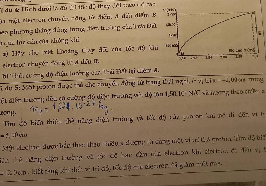 Ví dụ 4: Hình dưới là đồ thị tốc độ thay đổi theo độ cao
Lủa một electron chuyển động từ điểm A đến điểm B
heo phương thẳng đứng trong điện trường của Trái Đất
3 qua lực cản của không khí.
a) Hãy cho biết khoảng thay đổi của tốc độ kh
electron chuyển động từ A đến B. 
b) Tính cường độ điện trường của Trái Đất tại điểm A.
đí dụ 5: Một proton được thả cho chuyển động từ trạng thái nghi, ở vị trí x=-2,00cm trong
đột điện trường đều có cường độ điện trường với độ lớn 1,50.10^3N/C và hướng theo chiều x
rong.
Tìm độ biến thiên thế năng điện trường và tốc độ của proton khi nó đi đến vị tr
=5,00cm
Một electron được bắn theo theo chiều x dương từ cùng một vị trí thả proton. Tìm độ biế
tiên thế năng điện trường và tốc độ ban đầu của electron khi electron đi đến vị t
=12,0cm. Biết rằng khi đến vị trí đó, tốc độ của electron đã giảm một nửa.