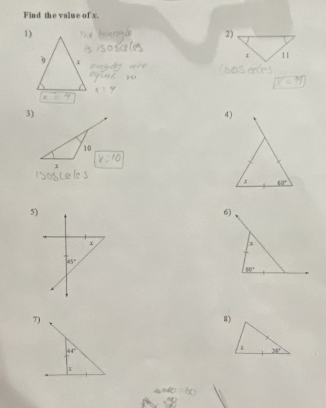 Find the value of x.
1)
2)
3)
4)
5)
6)
7)
8)