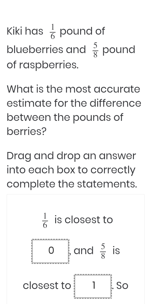 Kiki has  1/6  pound of 
blueberries and  5/8  pound
of raspberries. 
What is the most accurate 
estimate for the difference 
between the pounds of 
berries? 
Drag and drop an answer 
into each box to correctly 
complete the statements.
 1/6  is closest to
0 and  5/8  is 
closest to 1 So