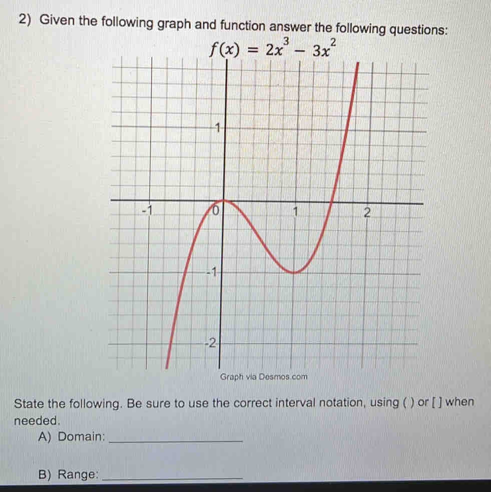 Given the following graph and function answer the following questions:
State the following. Be sure to use the correct interval notation, using ( ) or [ ] when
needed.
A) Domain:_
B) Range:_