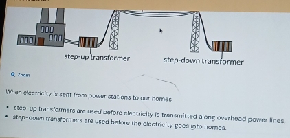 Zoom
When electricity is sent from power stations to our homes
step-up transformers are used before electricity is transmitted along overhead power lines.
step-down transformers are used before the electricity goes into homes.