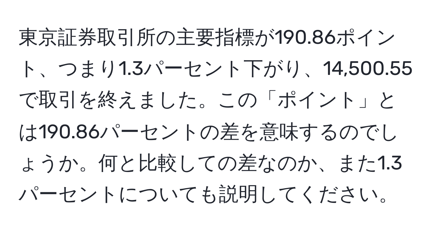 東京証券取引所の主要指標が190.86ポイント、つまり1.3パーセント下がり、14,500.55で取引を終えました。この「ポイント」とは190.86パーセントの差を意味するのでしょうか。何と比較しての差なのか、また1.3パーセントについても説明してください。