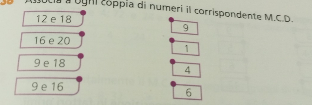 socia à Oghi coppia di numeri il corrispondente M.C.D.
12 e 18
9
16 e 20
1
9 e 18
4
9 e 16
6