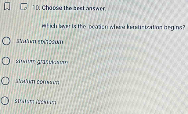 Choose the best answer.
Which layer is the location where keratinization begins?
stratum spinosum
stratum granulosum
stratum corneum
stratum lucidum