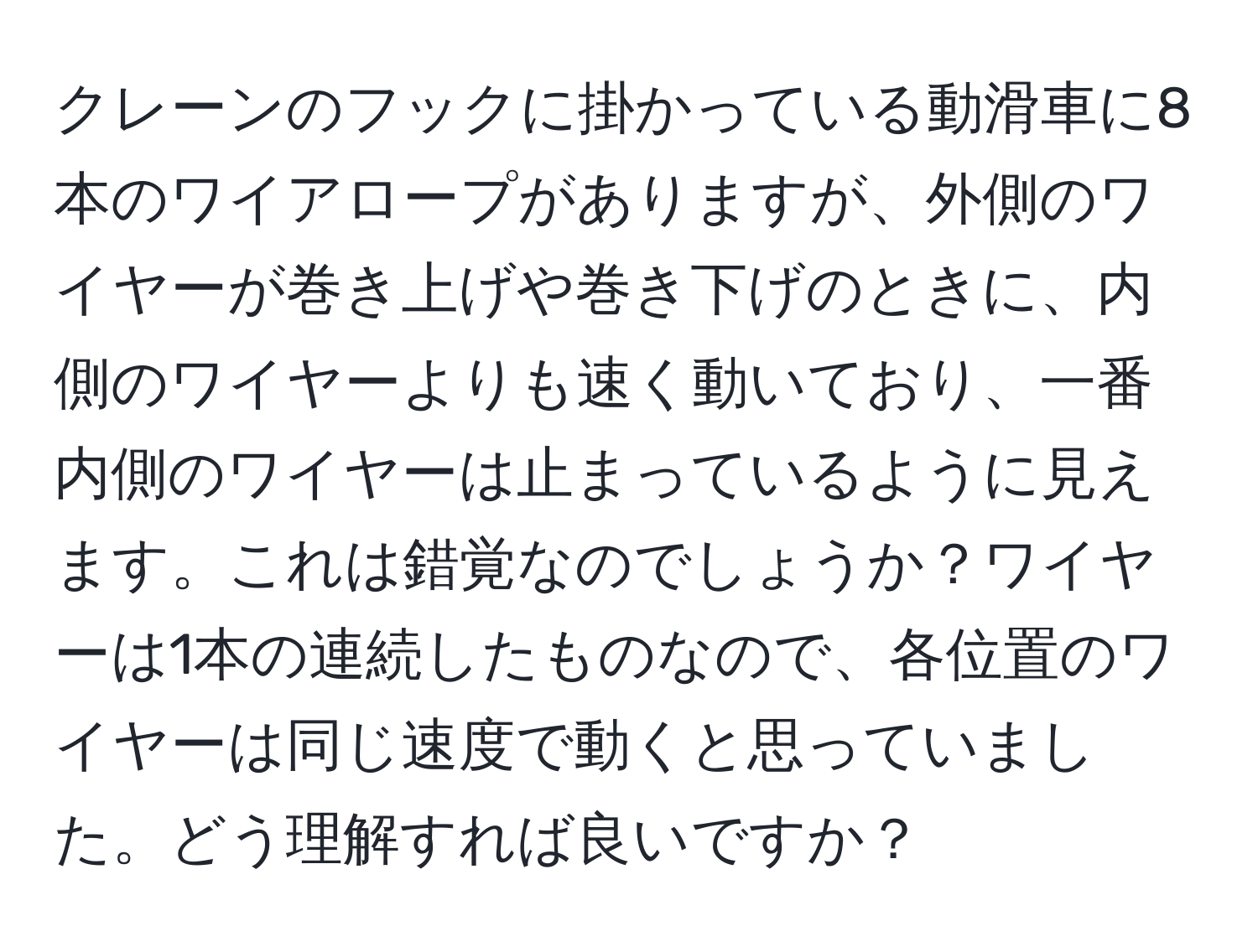 クレーンのフックに掛かっている動滑車に8本のワイアロープがありますが、外側のワイヤーが巻き上げや巻き下げのときに、内側のワイヤーよりも速く動いており、一番内側のワイヤーは止まっているように見えます。これは錯覚なのでしょうか？ワイヤーは1本の連続したものなので、各位置のワイヤーは同じ速度で動くと思っていました。どう理解すれば良いですか？