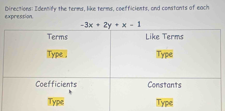 Directions: Identify the terms, like terms, coefficients, and constants of each
expression.