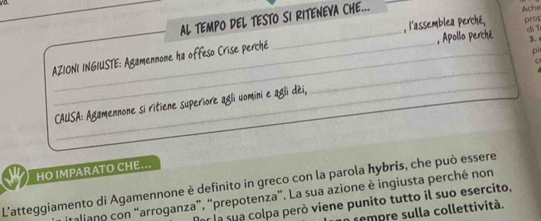 AL TEMPO DEL TESTO SI RITENEVA CHE... 
Ache 
, l'assemblea perché, pro 
di T 
pi 
AZIONI INGIUSTE: Agamennone ha offeso Crise perché _, Apollo perché 3. 

CAUSA: Agamennone si ritiene superiore agli uomini e agli dèi, _C 
HO IMPARATO CHE... 
L'atteggiamento di Agamennone è definito in greco con la parola hybris, che può essere 
aliano con “arroganza”, “prepotenza”. La sua azione è ingiusta perché non 
er la sua colpa però viene punito tutto il suo esercito, 
sempre sulla collettività.