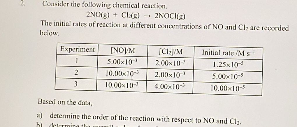 Consider the following chemical reaction.
2NO(g)+Cl_2(g)to 2NOCl(g)
The initial rates of reaction at different concentrations of NO and Cl_2 are recorded
below.
Based on the data,
a) determine the order of the reaction with respect to NO and Cl_2.