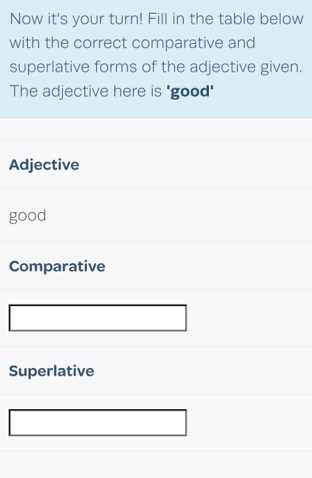 Now it's your turn! Fill in the table below 
with the correct comparative and 
superlative forms of the adjective given. 
The adjective here is 'good' 
Adjective 
good 
Comparative 
Superlative
(-3,4) □ 
□ 